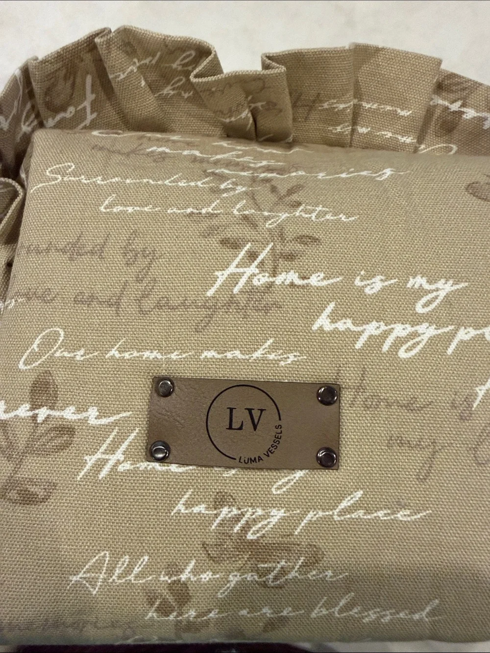 NWT Luma vessels Beige Script Canvas Ruffle Cosmetic Case